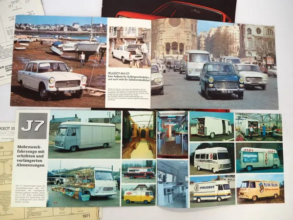 7x Original Prospekt Peugeot 104 204 304 404 504 PKW J7 Nutzfahrzeug 1969/73