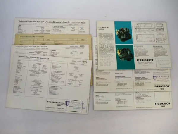 7x Original Prospekt Peugeot 104 204 304 404 504 PKW J7 Nutzfahrzeug 1969/73