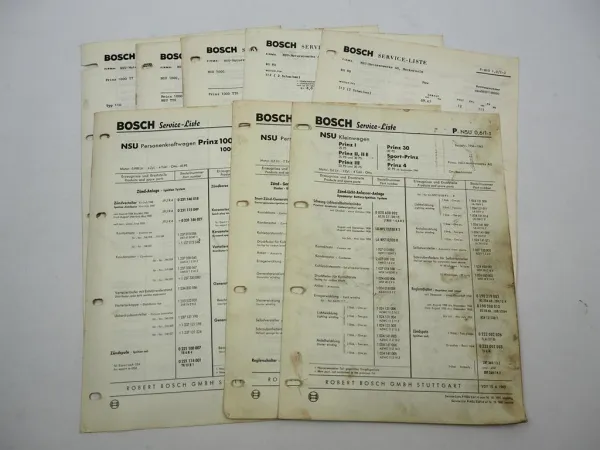 8x Original Bosch Service-Liste für NSU PKW Prinz RO80 1000 BJ 1958-1969