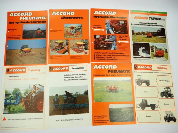 8x Original Prospekt Accord Landtechnik für Deutz Unimog MBtrac ca. 1981/82