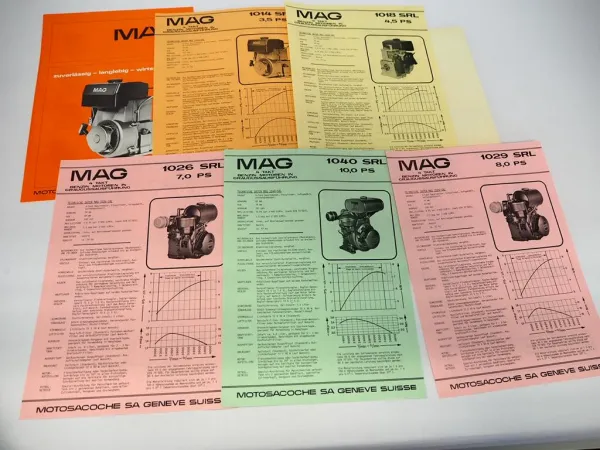 8x Original Prospekt MAG Motor für Landmaschinen Baumaschinen Sportfahrzeug Boot