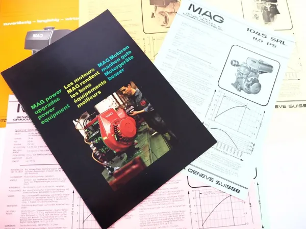 8x Original Prospekt MAG Motor für Landmaschinen Baumaschinen Sportfahrzeug Boot