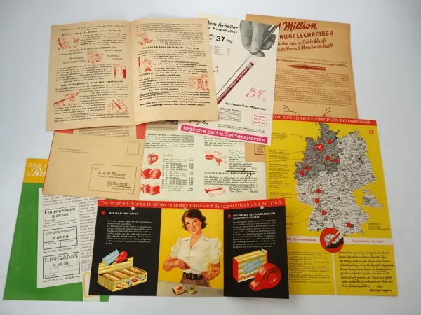 8x Prospekt Büromaterial Reynolds Tesafilm Rotring 1940/50er Jahre