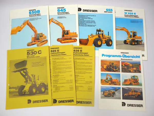 8x Prospekt Dresser Baumaschinen 645 650B Bagger 555 Radlader 1987/88
