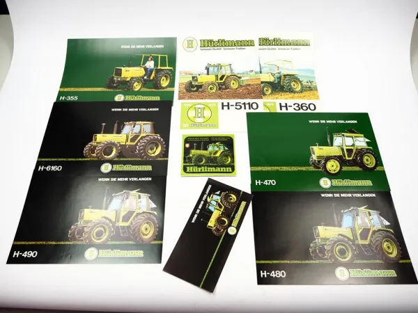 9x Original Prospekt Flyer Aufkleber Hürlimann H-355 - 6160 Schlepper 1979/1981