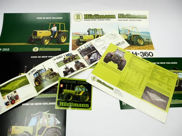 9x Original Prospekt Flyer Aufkleber Hürlimann H-355 - 6160 Schlepper 1979/1981