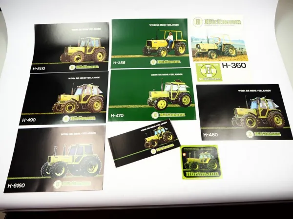 9x Original Prospekt Flyer Aufkleber Hürlimann H-355 - 6160 Traktor 1979/1981