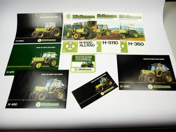 9x Original Prospekt Flyer Aufkleber Hürlimann H-360 - 6160 Schlepper 1979/1981