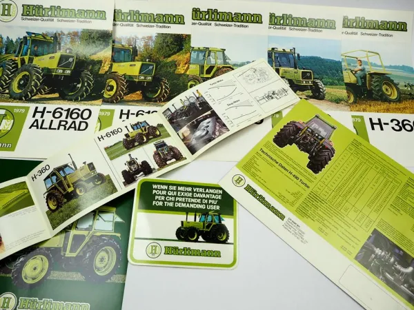 9x Original Prospekt Flyer Aufkleber Hürlimann H-360 - 6160 Traktor 1979/81