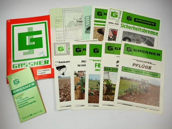 9x Original Prospekt Preisliste Anschreiben Mappe Gassner Pflüge 1984/85