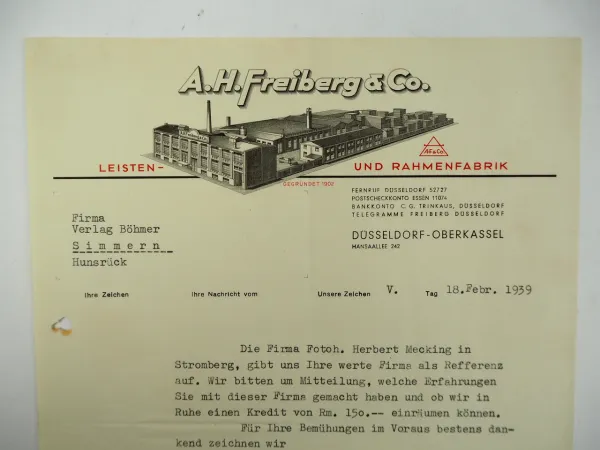A. H. Freiberg & Co. Düsseldorf Leisten und Rahmenfabrik Geschäftsbrief 1939