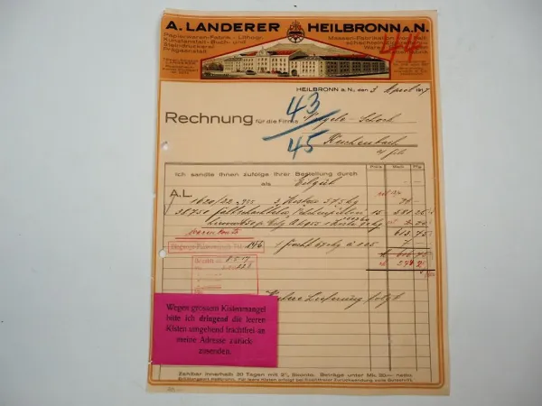 A. Landerer Heilbronn a. Neckar Papier Druckerei Faltschachteln Rechnung 1917
