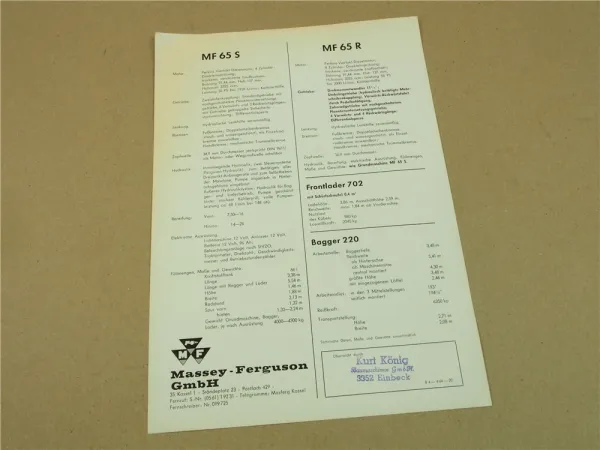 Prospekt Massey Ferguson MF 65R 65S Baumaschine im 3 in 1 System 1964