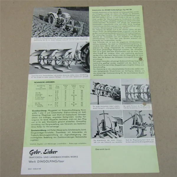 Prospekt Eicher AG 106 Anbau-Volldrehpflug für schwere Schlepper 1961