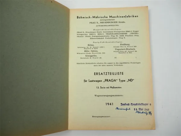 Praga ND LKW Serie 13 mit Dieselmotor Ersatzteilliste Ersatzteilverzeichnis 1941