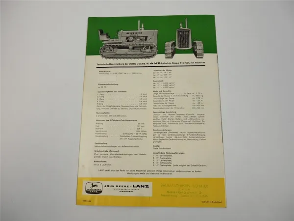 John Deere Lanz 440 IC ICDL Industrieraupe Prospekt Anschreiben 1960