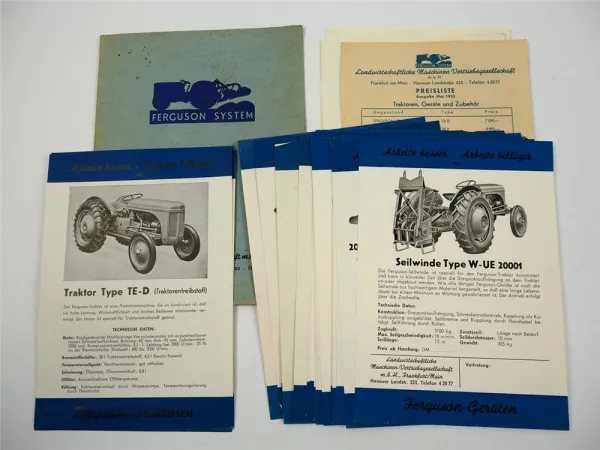 Ferguson System Traktor TE Anbaugetäte 26x Prospekt in Mappe ca. 1953