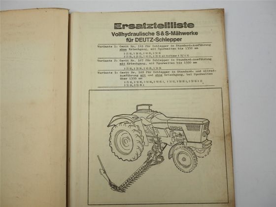 S&S Mähwerk für Deutz Schlepper D 25 30 40 50 55 05 06 Ersatzteilliste
