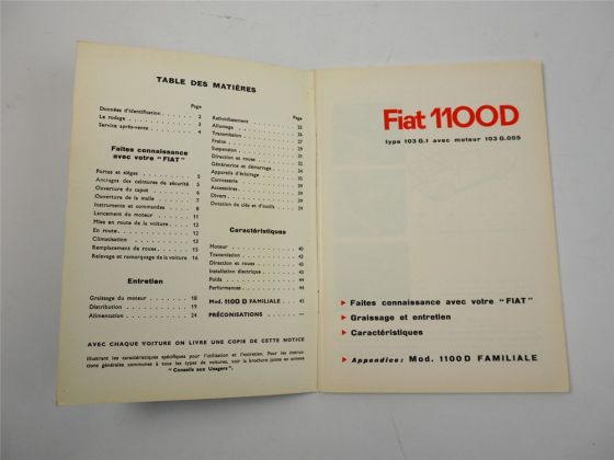 Fiat 1100D type 103 G.1 Berline et familiale Notice d entretien 1965
