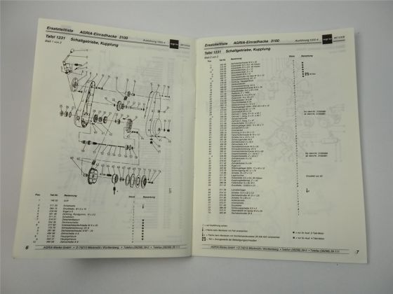 Agria 3100 Einradhacke Ersatzteilliste Ersatzteilkatalog 1995