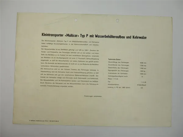 Multicar Typ P mit Wasserbehälter Aufbau und Kehrwalze Prospekt 1962