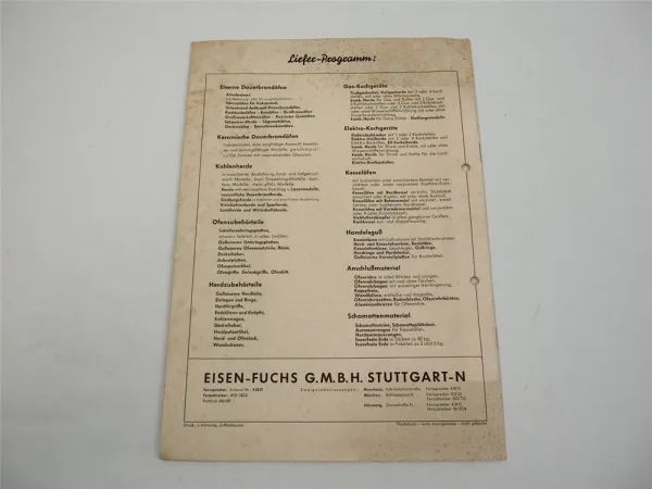 Eisen Fuchs Stuttgart Öfen Herde Rundöfen Juno Buderus Voss Prospekt 1952/53