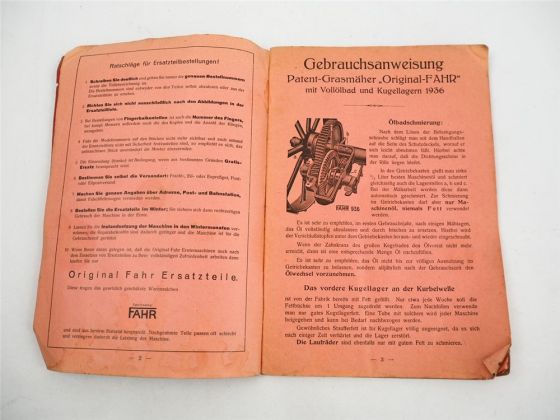 Fahr FZ4 Patent Grasmäher Bedienungsanleitung Ersatzteilliste 1936
