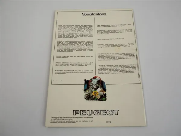 Peugeot 604 SL mit V6 Motor Prospekt Brochure 1976