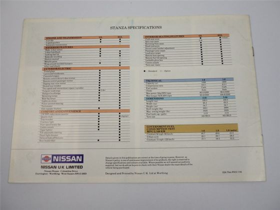 Nissan Stanza GL SGL 1.6 1.8 T11 Prospekt Brochure 1984