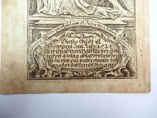 Ablassbild Andachtsbild Kupferstich Vesperbild von St. Agnetis Mainz 1524