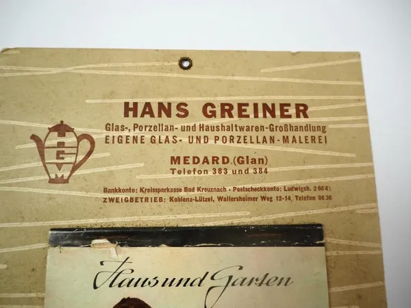 Abreisskalender 1957 Hans Greiner Haushaltswaren Porzellan Medard Glan