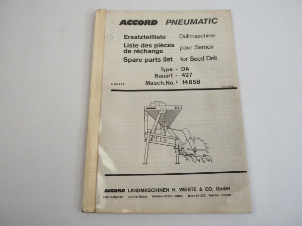 Accord Pneumatic DA 427 Drillmaschine Ersatzteilliste Spare Parts List 1989