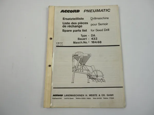 Accord Pneumatic DA 432 Drillmaschine Ersatzteilliste 1990