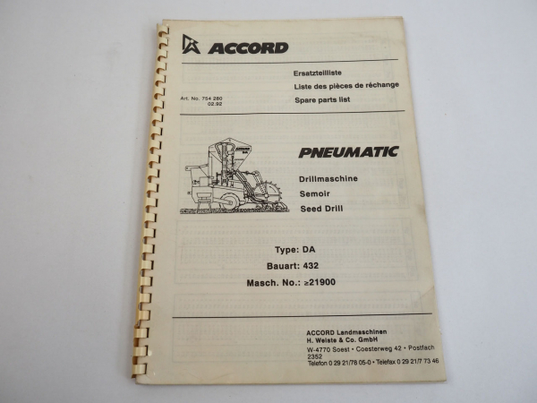 Accord Pneumatic DA 432 Drillmaschine Ersatzteilliste Spare Parts List 1992