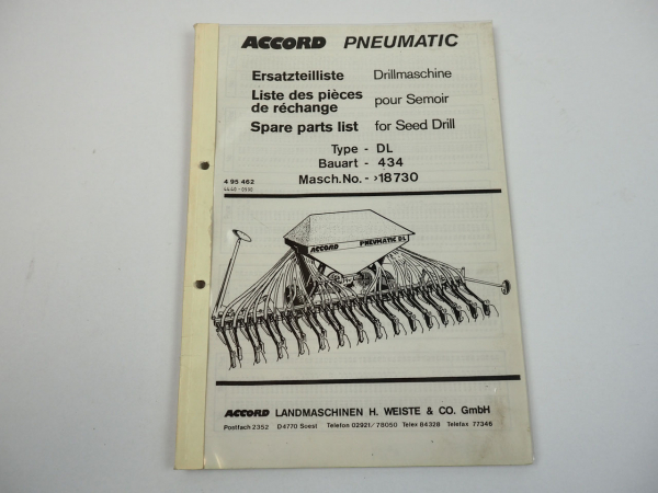 Accord Pneumatic DL 434 Drillmaschine Ersatzteilliste 1990