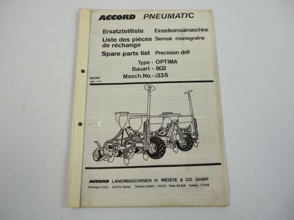Accord Pneumatic Optima 802 Einzelkorn Sämaschine Ersatzteilliste 1990