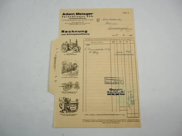 Adam Metzger Landmaschinen Lanz Bulldog Sprendlingen Rheinl. Pfalz Rechnung 1942
