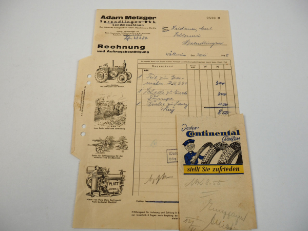 Adam Metzger Landmaschinen Sprendlingen Rechnung 1945 Lanz Bulldog Grasmäher