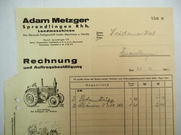 Adam Metzger Landmaschinen Sprendlingen Rheinl. Pfalz Rechnung 1942 Lanz Bulldog