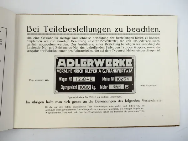 Adler 6/25 PS 6G PKW Ersatzteilkatalog Ersatzteilliste 1925