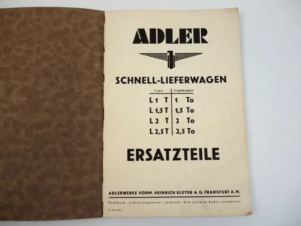 Adler L6 1T 1,5T 2T 2,5T LKW Ersatzteilkatalog Ersatzteilliste 1935