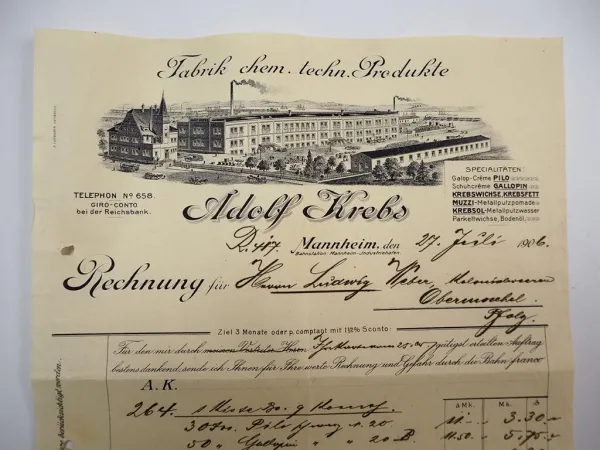 Adolf Krebs Fabrik chemische techn. Produkte Pilo Mannheim Rechnung 27.Juli 1906