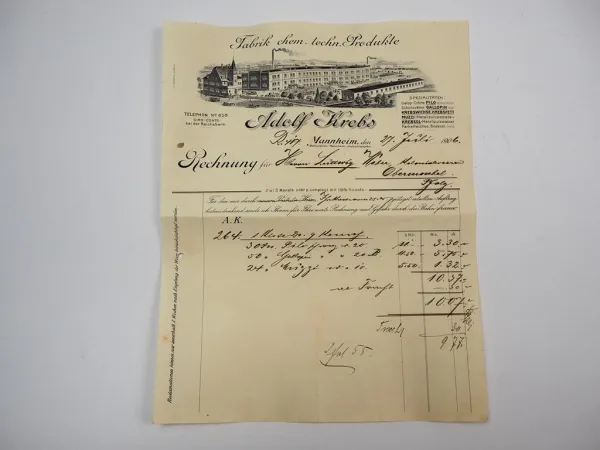 Adolf Krebs Fabrik chemische techn. Produkte Pilo Mannheim Rechnung 27.Juli 1906
