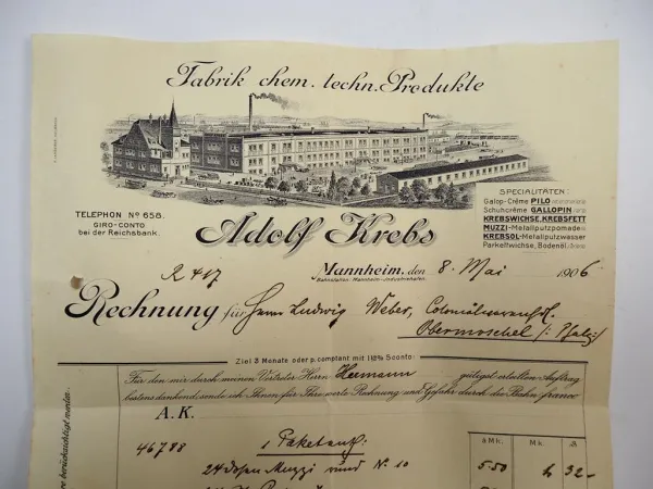 Adolf Krebs Fabrik chemische techn. Produkte Pilo Mannheim Rechnung 8.Mai 1906