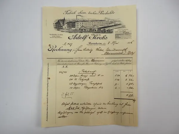 Adolf Krebs Fabrik chemische techn. Produkte Pilo Mannheim Rechnung 8.Mai 1906