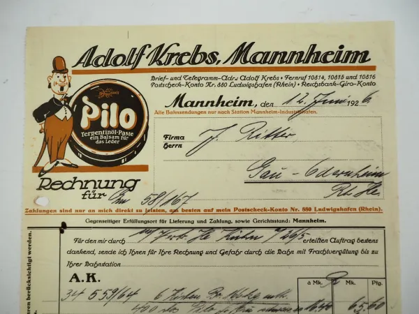 Adolf Krebs Mannheim Pilo Werke Leder Balsam Rechnung 1926