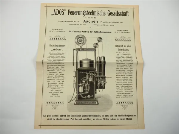 ADOS Feuerungstechnik Aachen Heizeffekt Messer Prospekt 1920er