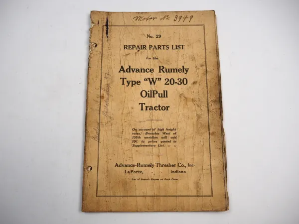 Advance Rumely Oil Pull W 20 30 Tractor Spare Parts List Ersatzteilliste 1928/30