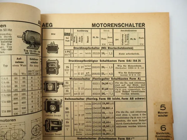 AEG Maschinen Motoren Schalter Messgeräte Lampen Zubehör Preisliste 1936