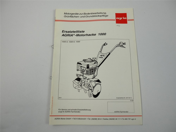 Agria 1000 Motorhacke Ersatzteilliste Ersatzteilkatalog 1995